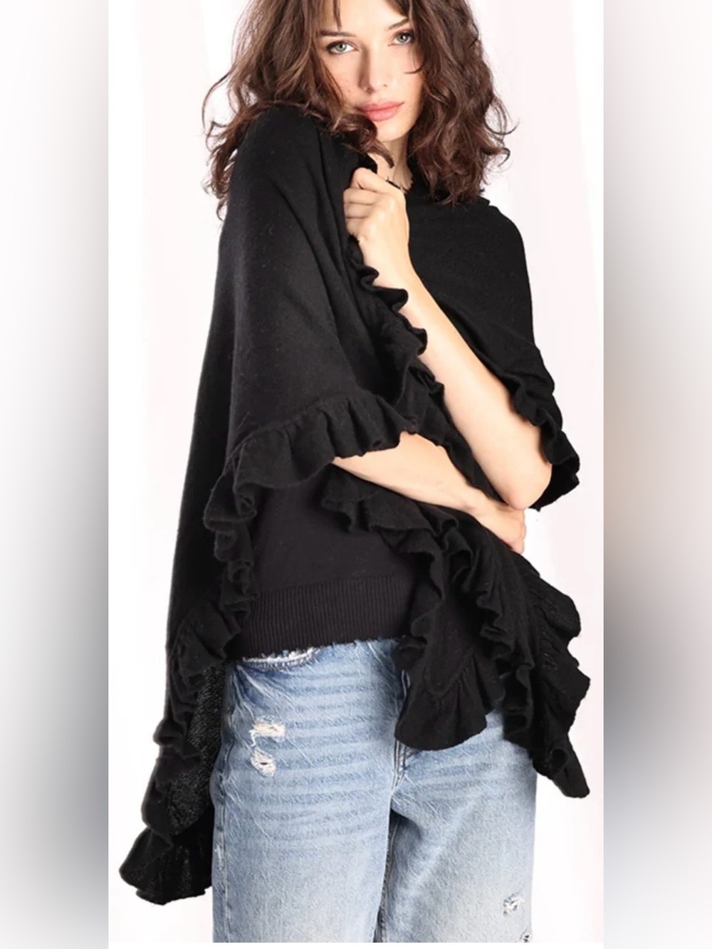 Ruffled Trim Knit Shawl